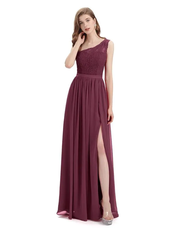 One-Shoulder A-line Top Lace Floor-Length Bridesmaid Dresses