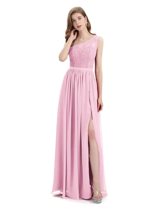 One-Shoulder A-line Top Lace Floor-Length Bridesmaid Dresses