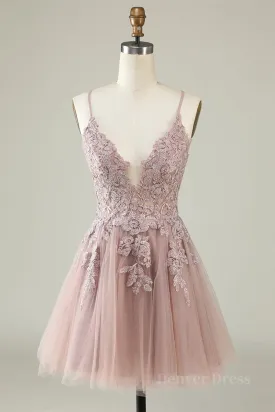 Open Back V Neck Pink Lace Appliques Prom Dress Pink Lace Homecoming Dress Short Pink Formal Graduation Evening Dress