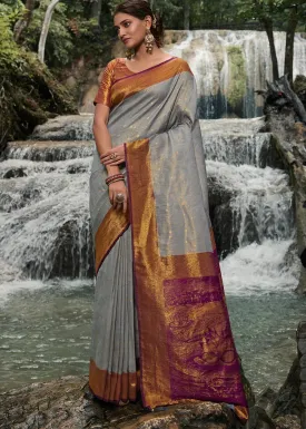 Pewter Grey Zari Woven Kanjivaram Silk Saree