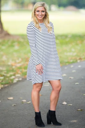 SALE-Piko Long Sleeve Tiny Stripe Swing Dress - White/Black