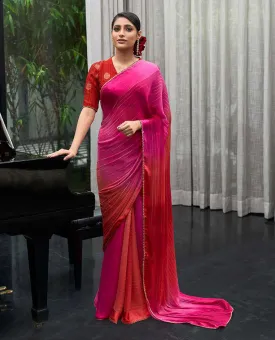 Satin Chiffon Designer Pink Saree with Lace Border for Women