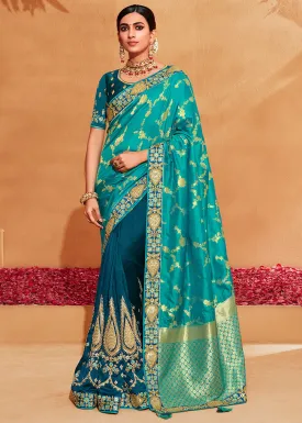 Shades Of Blue Heavy Embroidered Banarasi Silk Saree