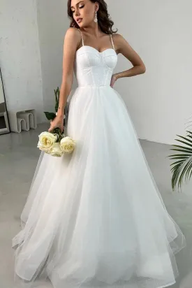 Shiny Tulle Sweetheart Neck White Long Prom Dresses, Long White Formal Graduation Evening Dresses A1818