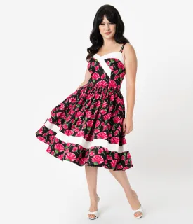 Unique Vintage Black & Pink Floral Print Darienne Swing Dress