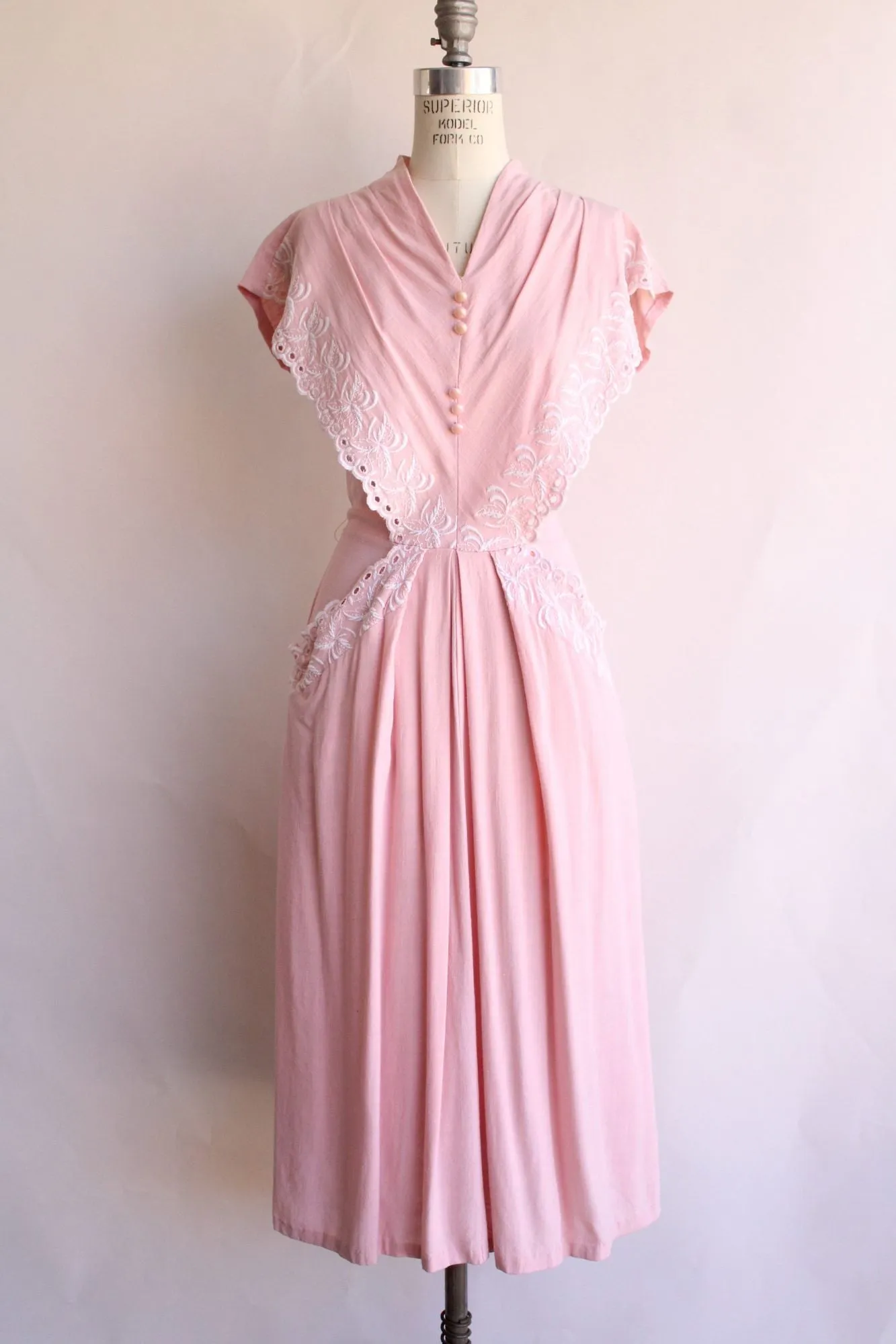 Vintage 1950s  Pink with White Floral Embroidery Cotton Day Dress