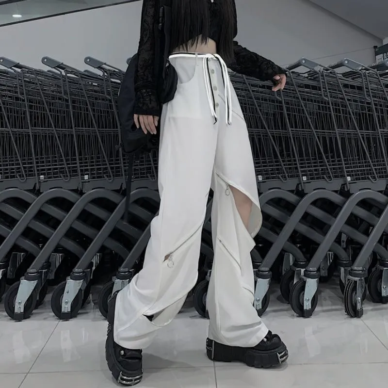 White Knee Cut Outs High Waist Wide Leg Pants