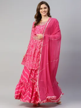 Women Pink Muslin Bandhani Printed Embroidary Peplum Kurta Sharara Set With Dupatta