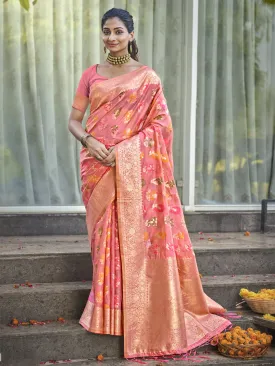 Women Pink Organza Saree With Un Stitched Blouse