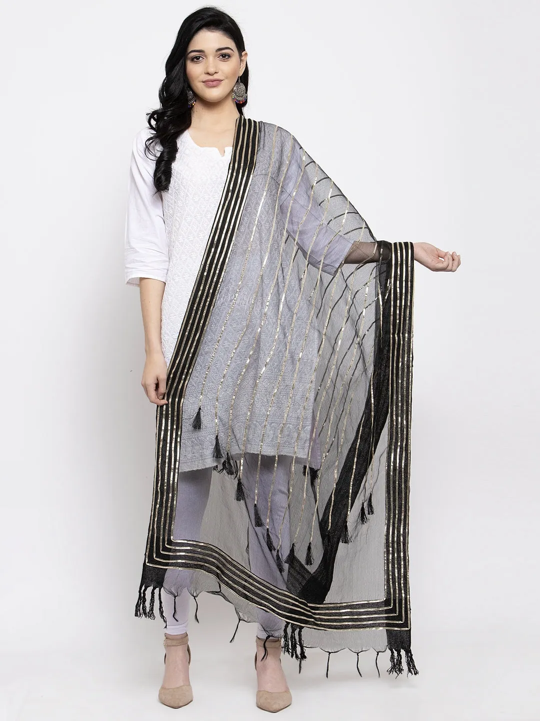 Women'S Black & Silver Organza Dupatta